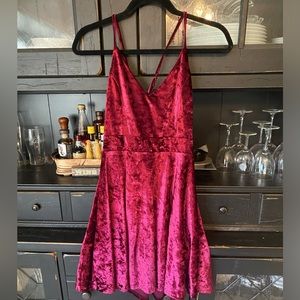 Spaghetti strap minidress, red velvet.